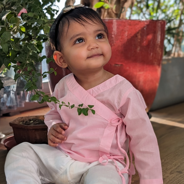 Pastel pink cotton muslin baby angrakha jhabla for newborns – Tura Turi
