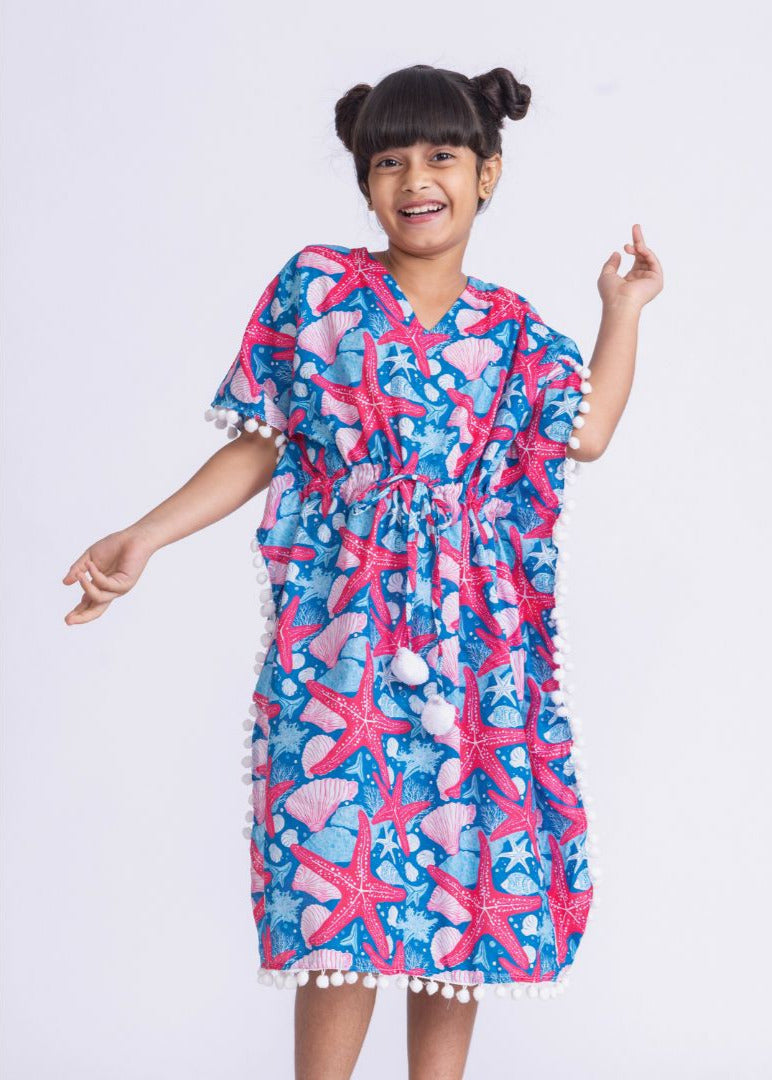Girls' Beach Kaftan – Starfish Print | Lightweight Summer Cover-Up by Tura Turi
