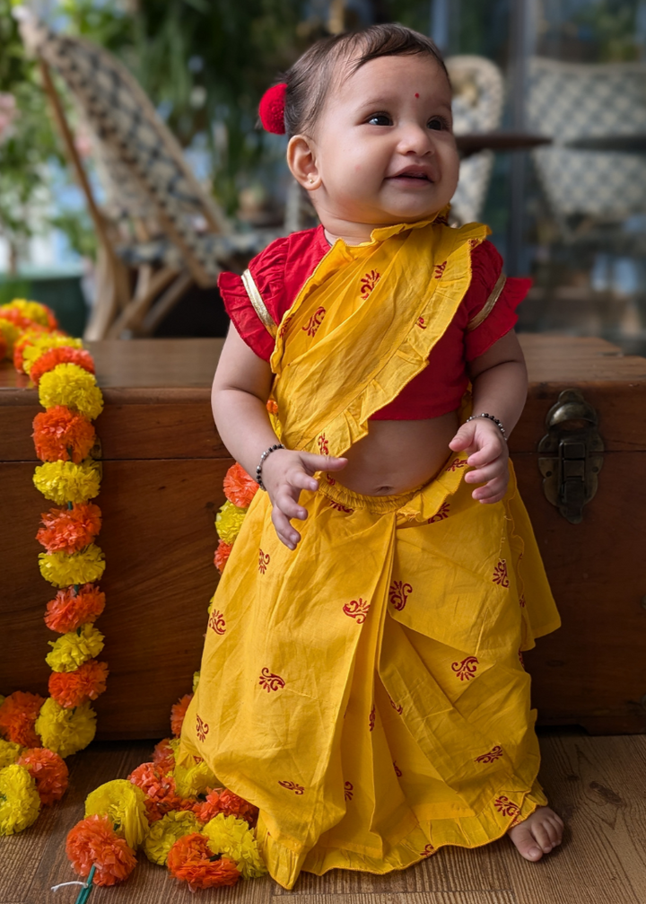 Prestitched Malmal Saree for Girls | Sunshine Yellow