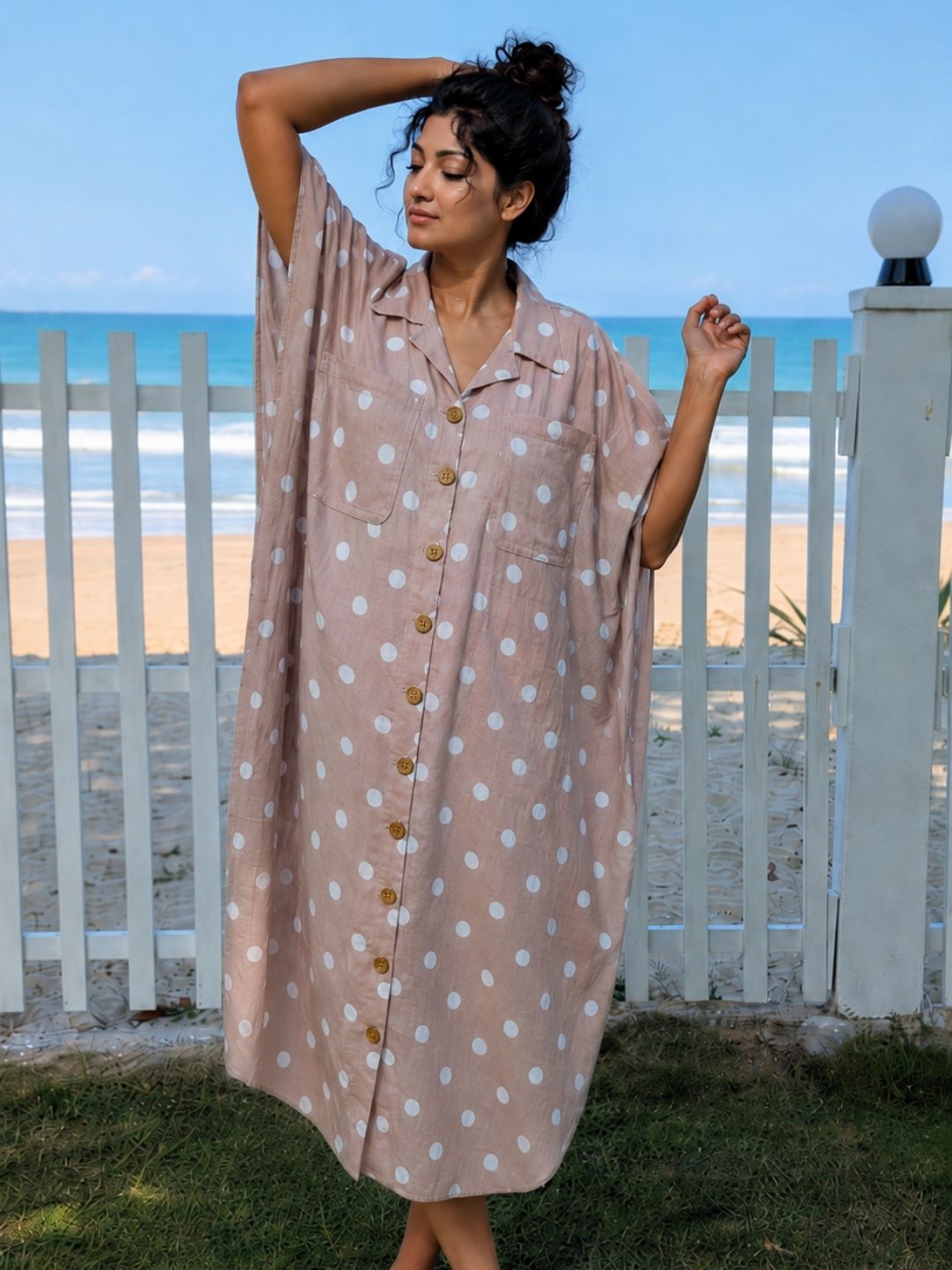 Women’s mocha and white polka dot no bra nightdress and loungewear kaftan shirt with large coverage pockets