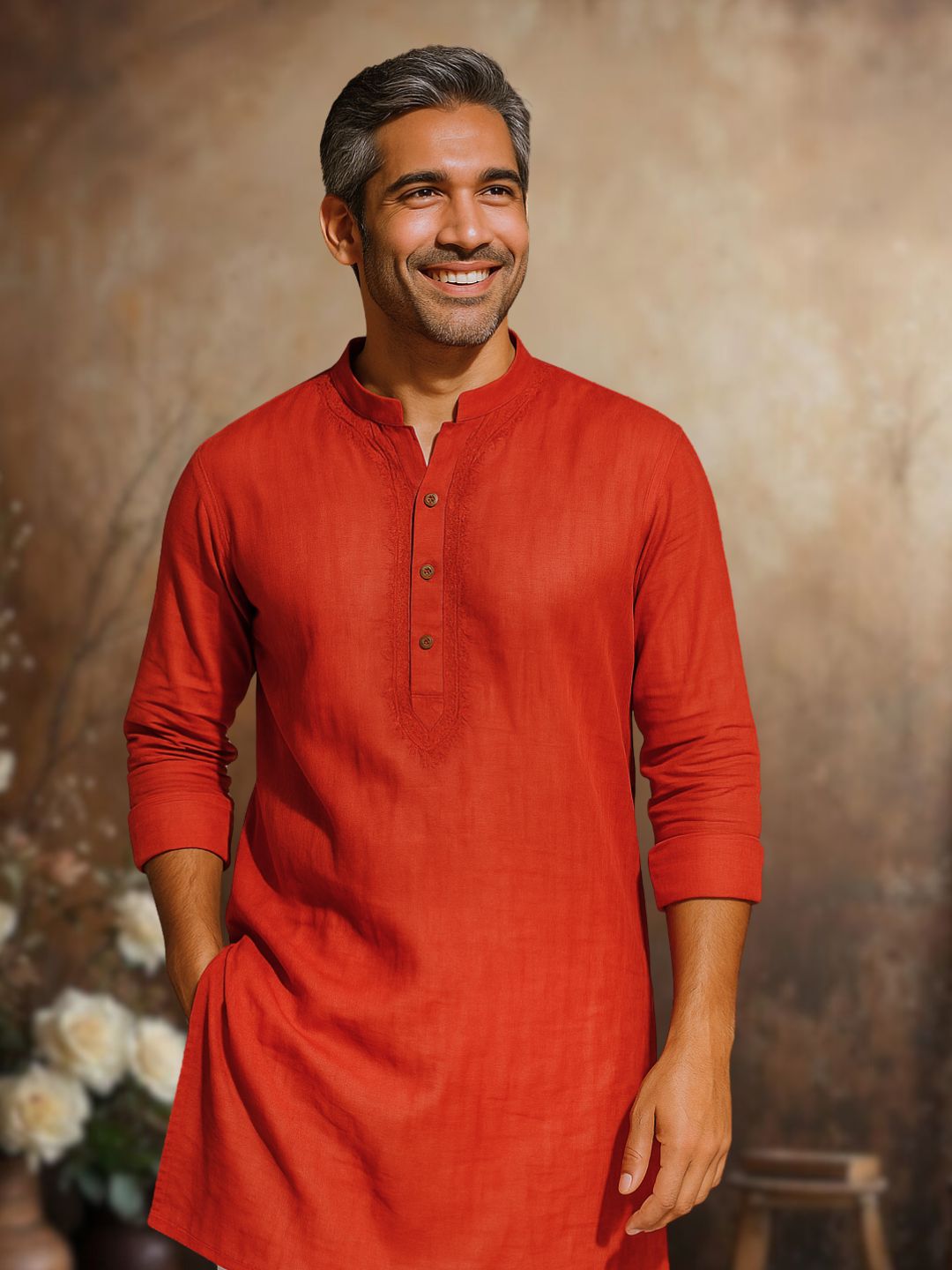 Embroidered Cotton Men's Kurta | Red