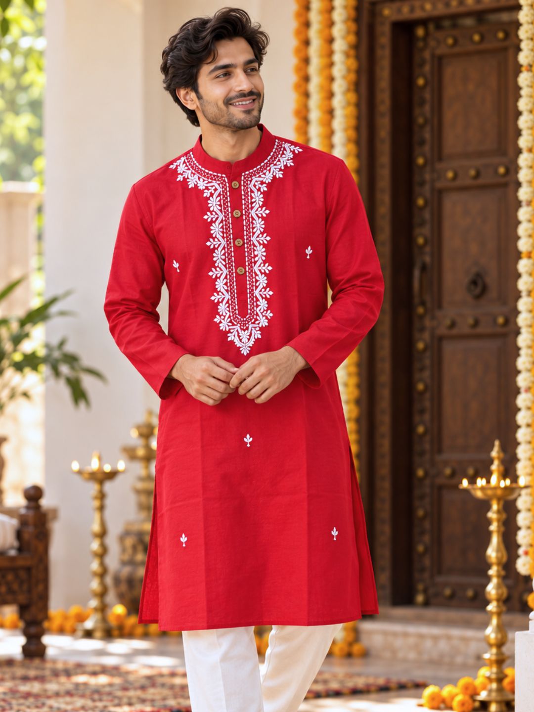 Close-up of white floral and leaf thread embroidery on men&