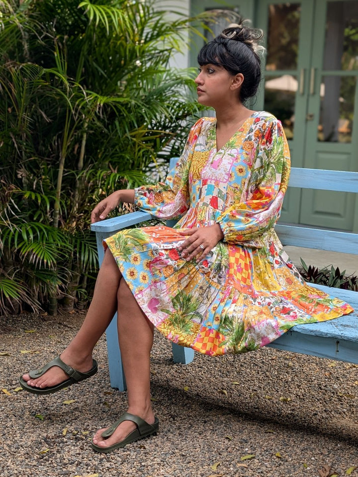 Women’s flowy cotton short dress with balloon sleeves, tiered flare and easy fit