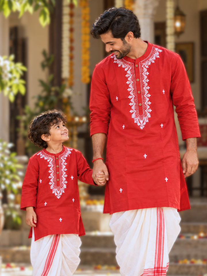 Red malmal embroidered kurta for family twinning, boys to men – Tura Turi
