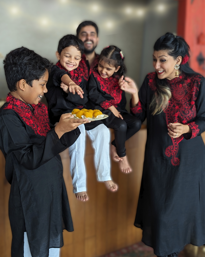 Black &amp; Red Embroidered Viscose Silk Kurta with Churidar, Girls &amp; Women