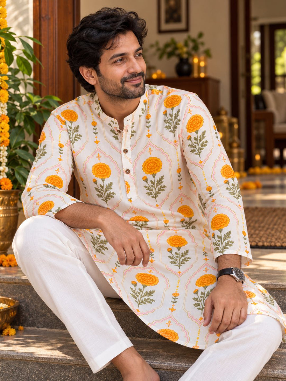 Gendaphool marigold print men's mulmul kurta, festive wear for Navratri and Diwali