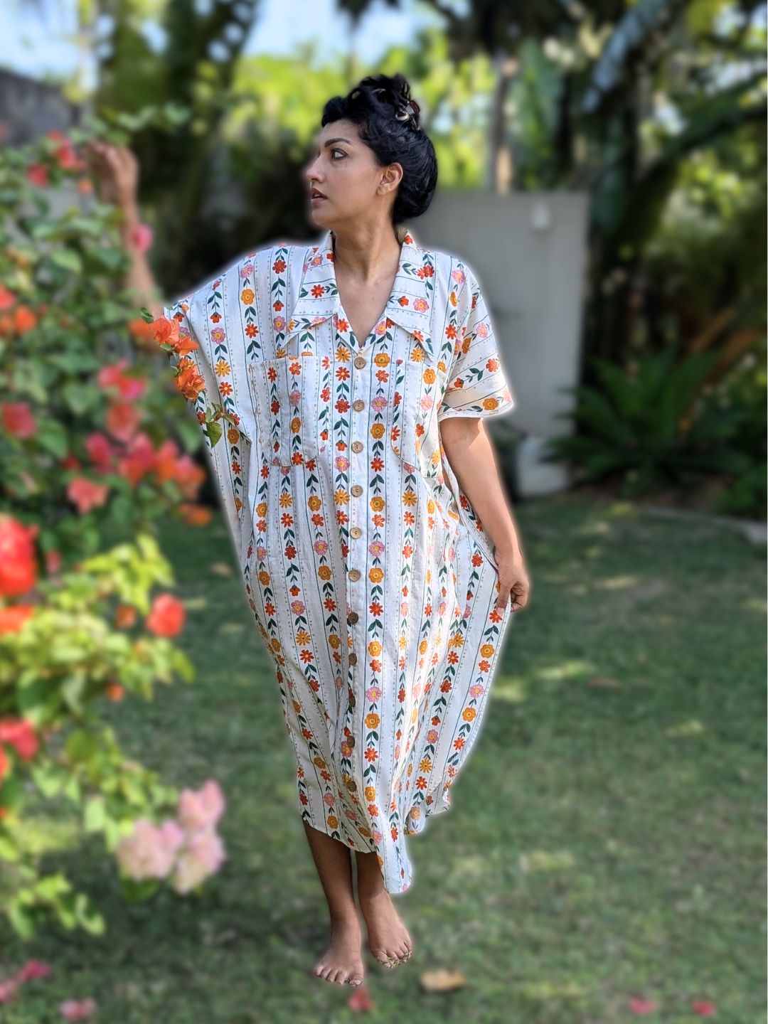 Floral pinstripe cotton nightshirt for women designed for no-bra comfort and summer lounging