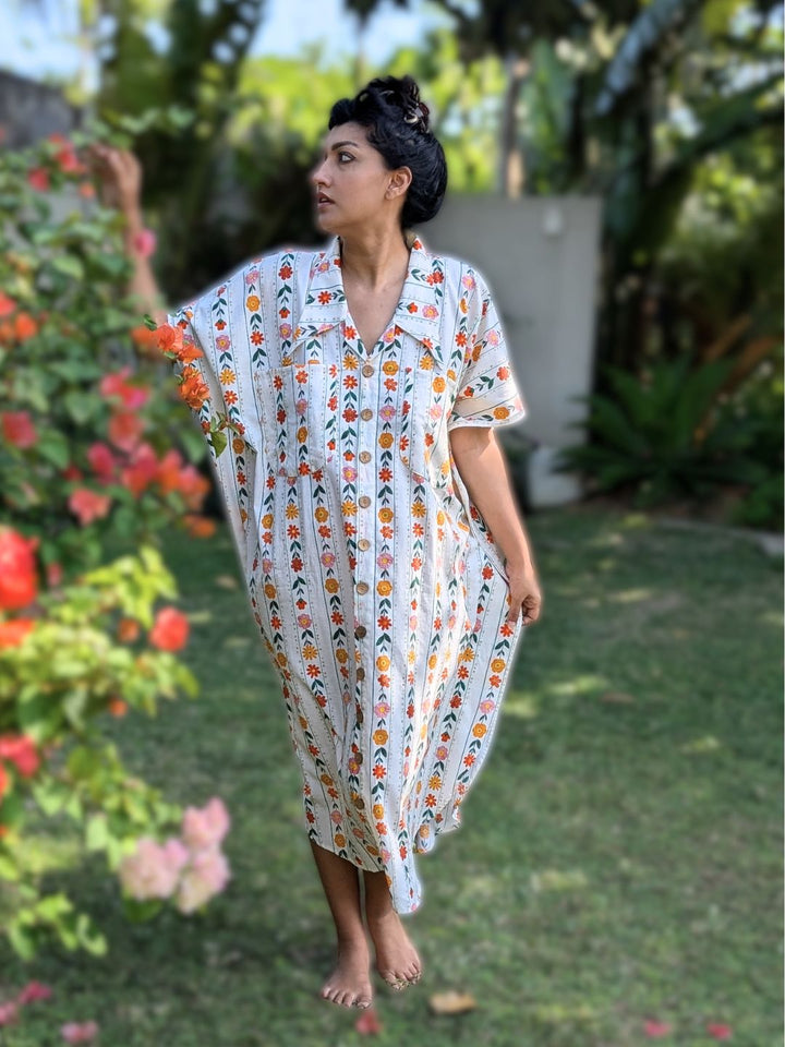 Floral pinstripe cotton nightshirt for women designed for no-bra comfort and summer lounging