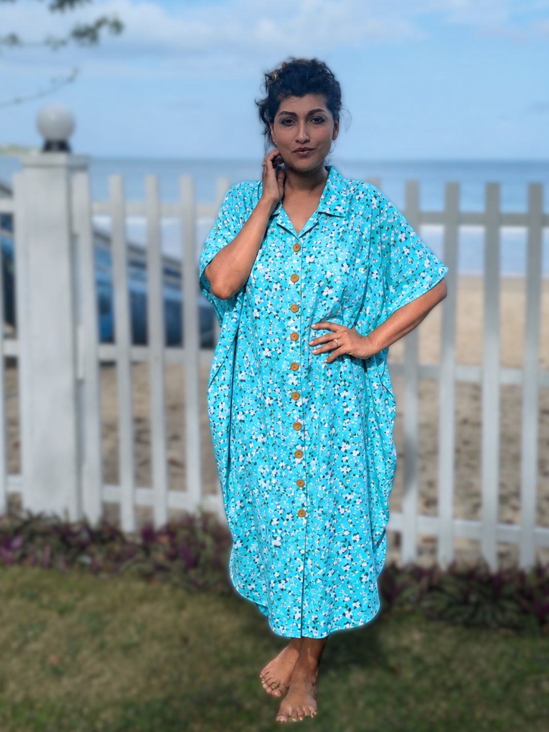 Turquoise cotton no-bra nightwear shirt dress for women with 4-layer malmal pockets for coverage