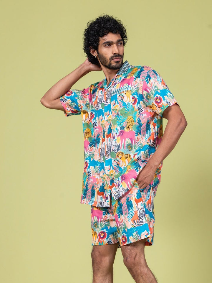 Men’s Cotton Shirt &amp; Shorts Set – Whimsical Forest Print | Summer Co-ord by Tura Turi