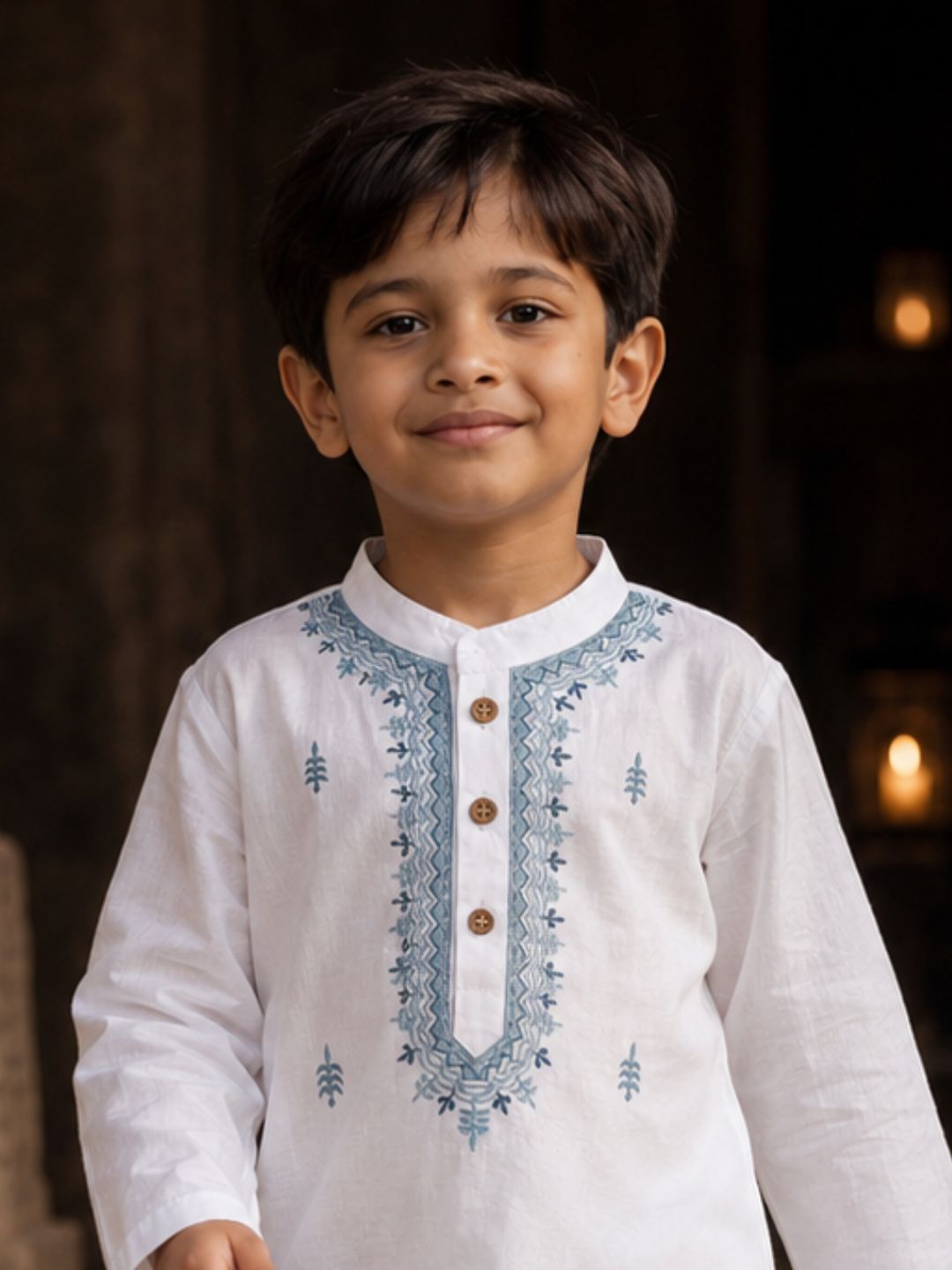 White &amp; Blue Embroidered Malmal Kurta | Newborn to Adult - a soft malmal cotton kurta for newborns, additional view 4 | Tura Turi