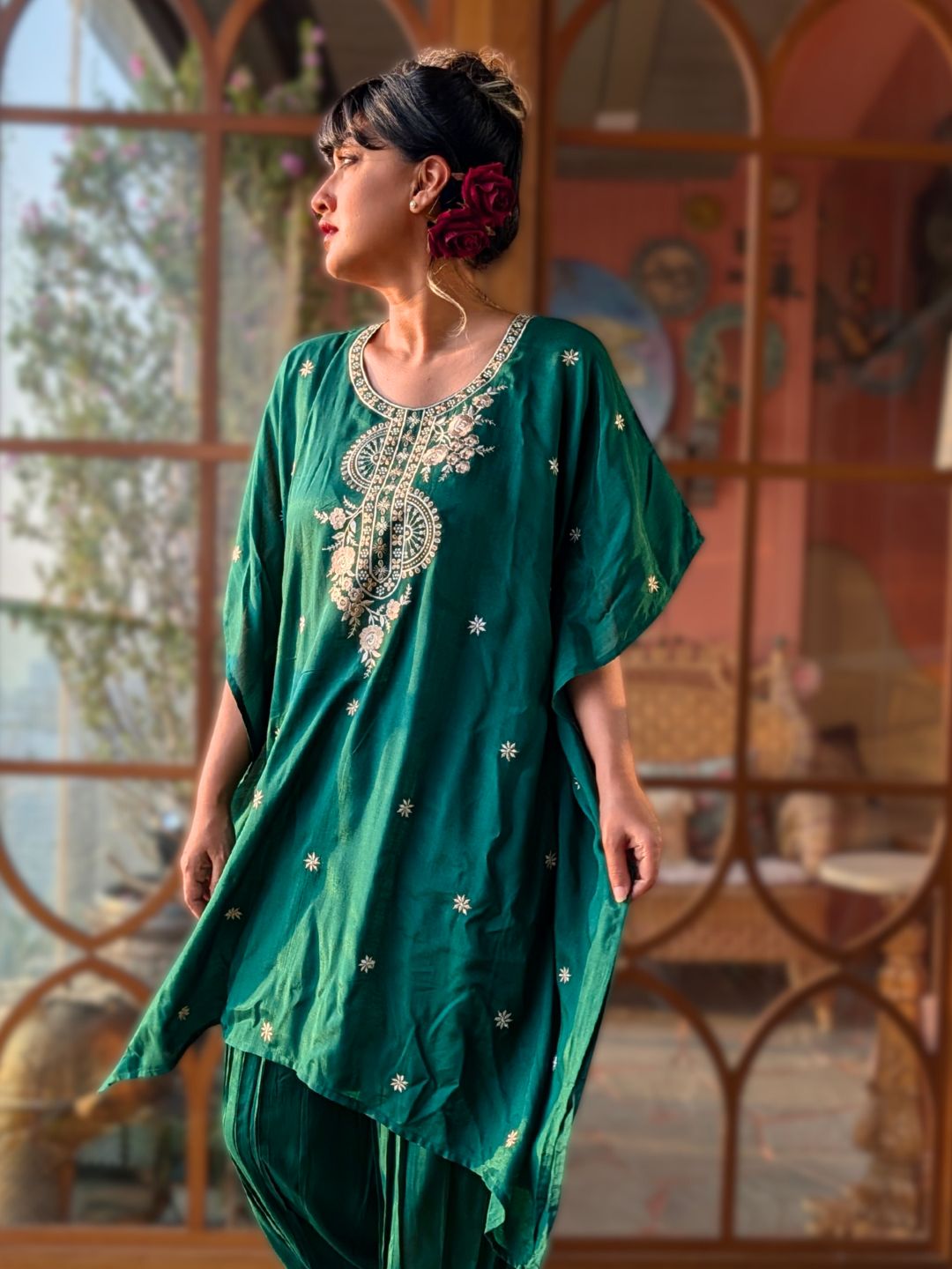 Embroidered Silk Kaftan with Afghan Pants | Emerald Green