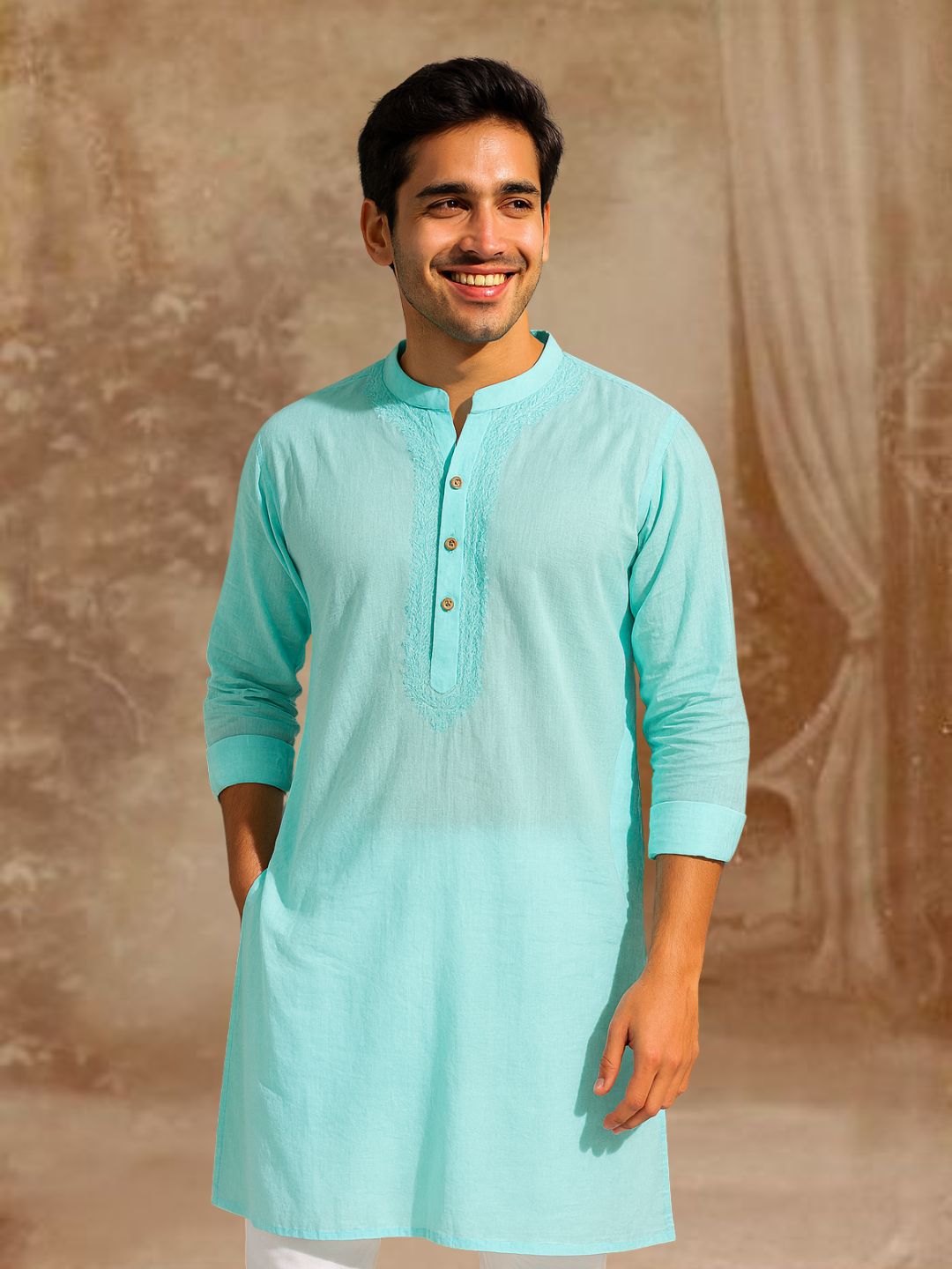 Embroidered Cotton Men's Kurta | Sky Blue