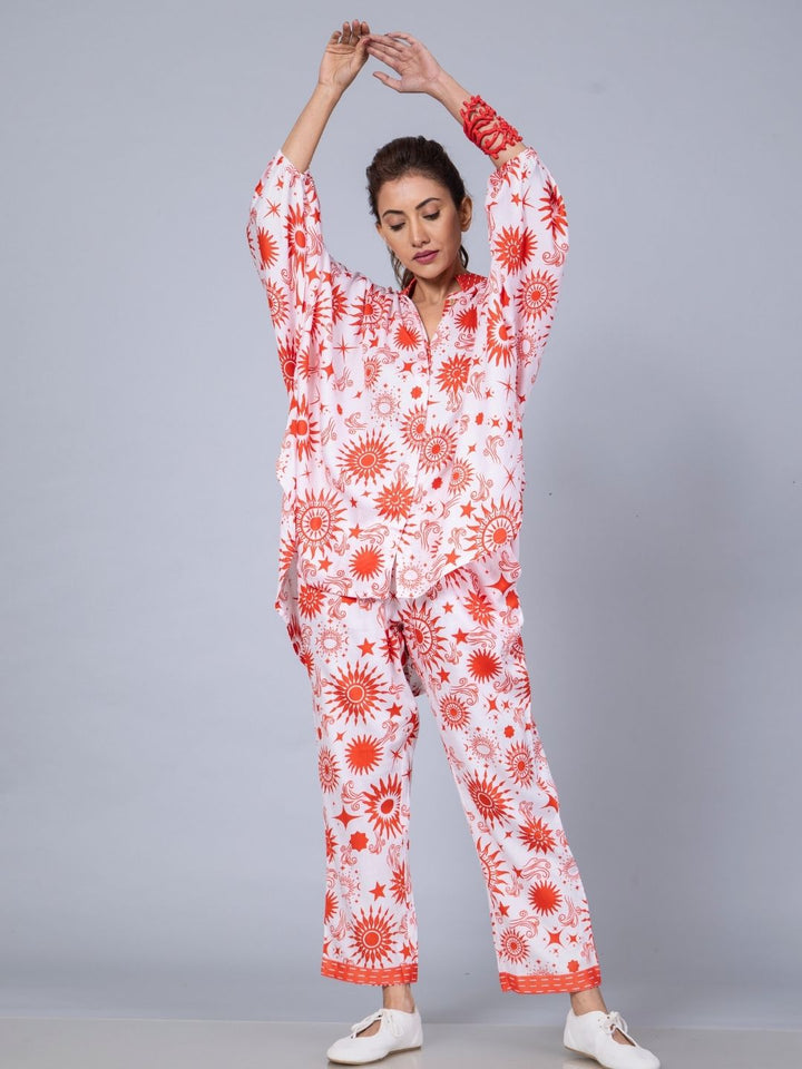 Women’s Cotton Top &amp; Pants Co-ord Set – Celestial Sun Print | Elegant Summer Set by Tura Turi