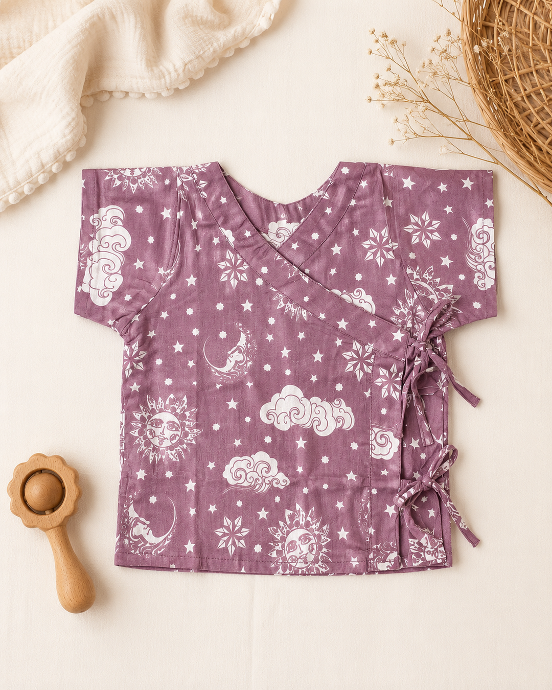 Nayantaara Mauve cotton malmal baby jhabla romper, newborn gift – Tura Turi