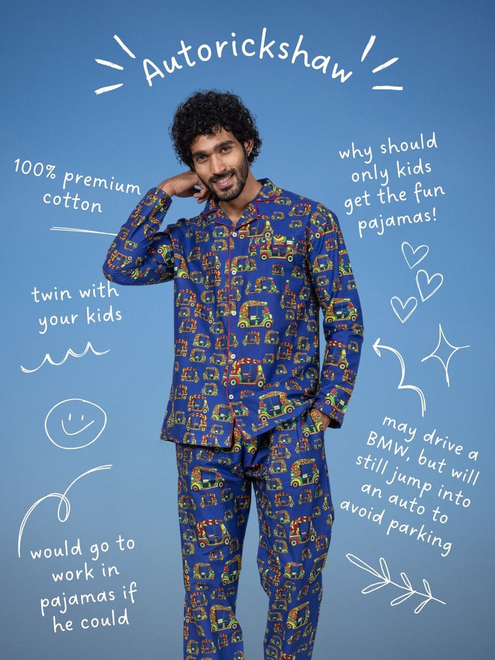 Autorickshaw print men’s cotton night suit – urban cotton loungewear