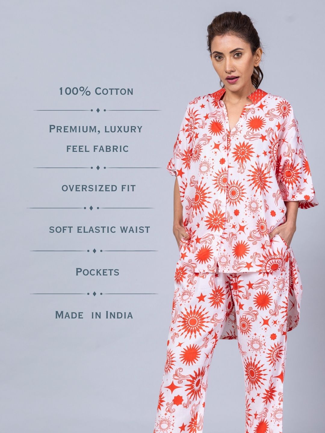 Women’s Cotton Top &amp; Pants Co-ord Set – Celestial Sun Print | Elegant Summer Set by Tura Turi