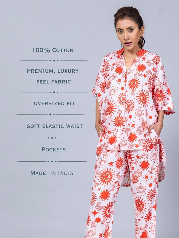 Women’s Cotton Top &amp; Pants Co-ord Set – Celestial Sun Print | Elegant Summer Set by Tura Turi