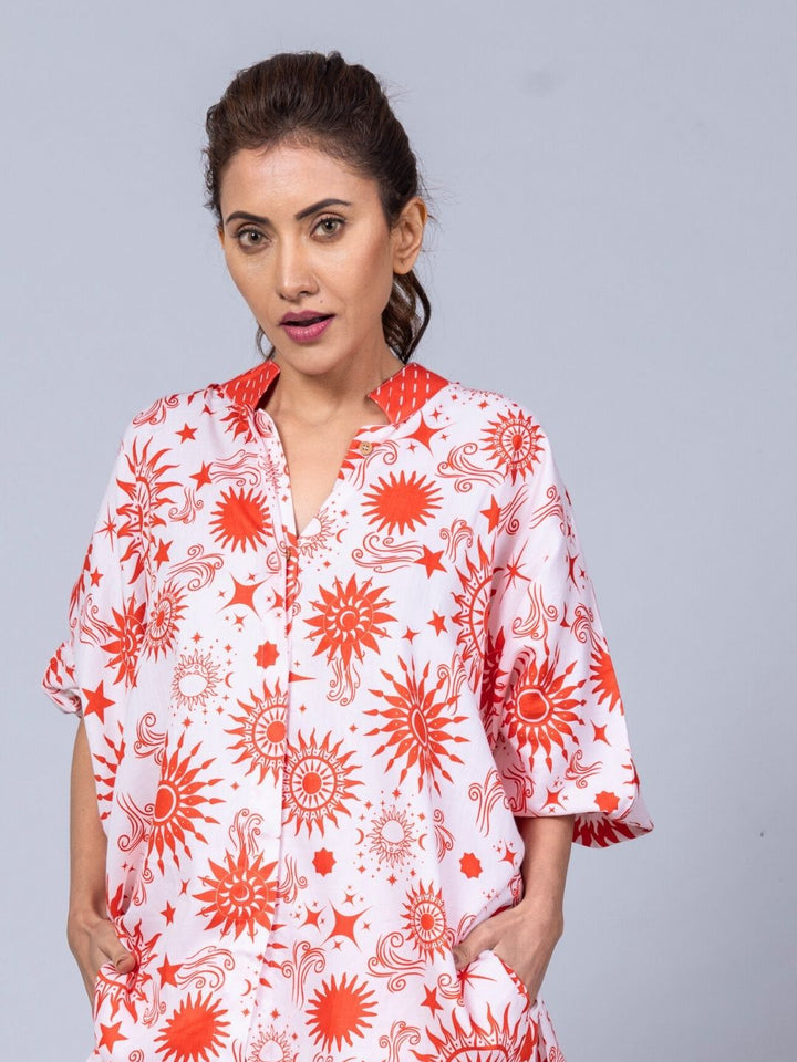 Women’s Cotton Top &amp; Pants Co-ord Set – Celestial Sun Print | Elegant Summer Set by Tura Turi