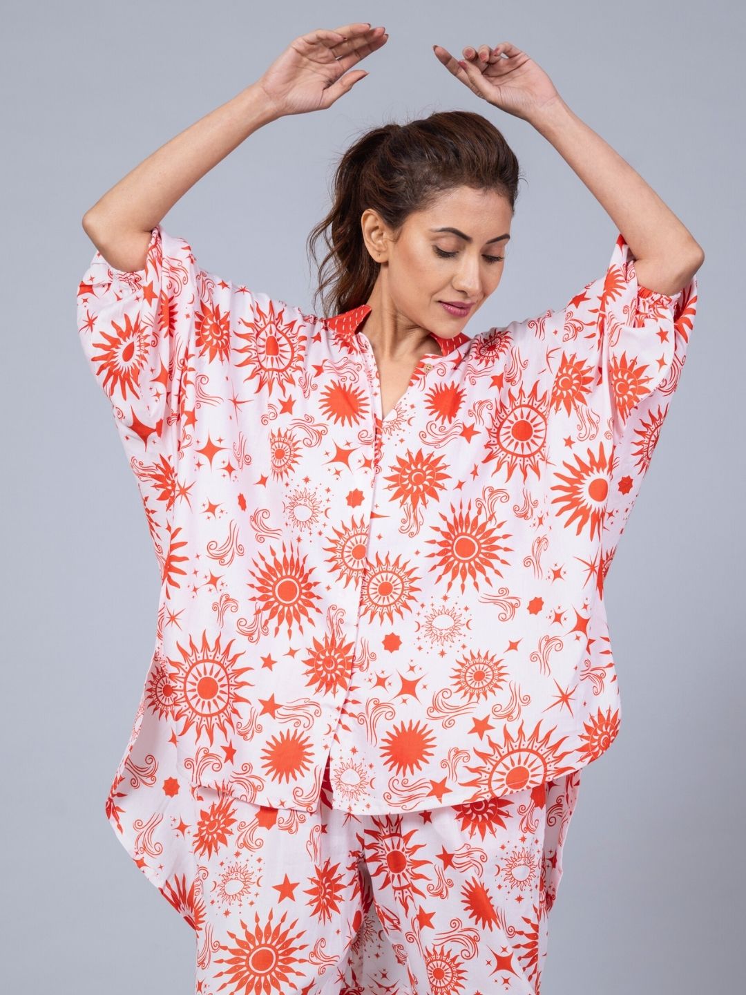 Women’s Cotton Top &amp; Pants Co-ord Set – Celestial Sun Print | Elegant Summer Set by Tura Turi