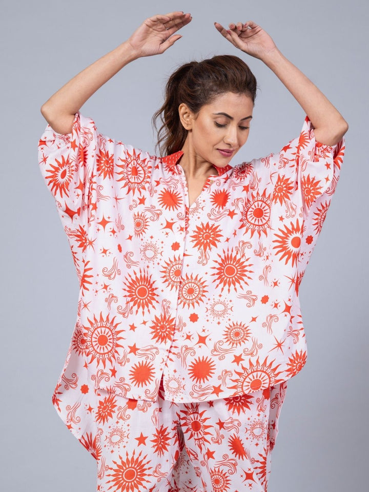 Women’s Cotton Top &amp; Pants Co-ord Set – Celestial Sun Print | Elegant Summer Set by Tura Turi