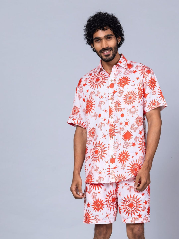 Shine bright in the Celestial Sun cotton co-ord set for men—crafted for comfort, style, and summer vibes. Shop this breezy shirt &amp; shorts combo at Tura Turi.