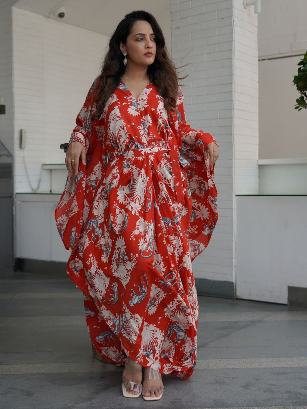 Funky Monkey Red long kaftan dress – bold summer cotton fashion