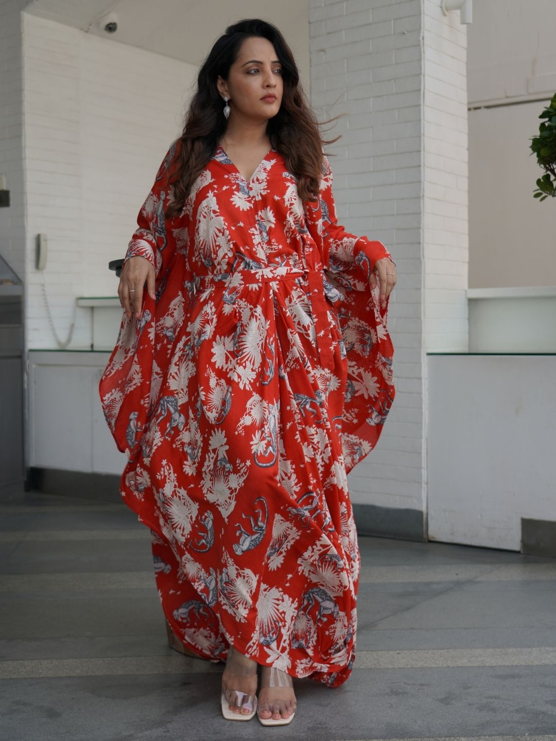 Funky Monkey Red long kaftan dress – bold summer cotton fashion