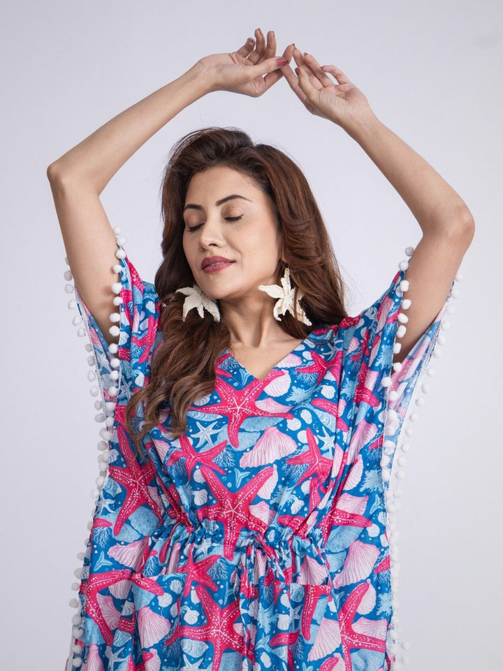 Women’s Cotton Beach Kaftan – Starfish Print | Lightweight Summer Cover-Up by Tura Turi