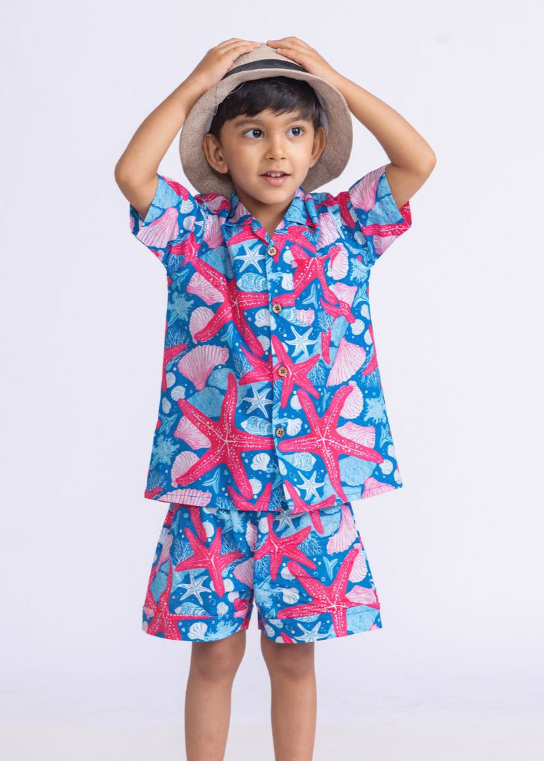 Boys' Cotton Shirt & Shorts Set – Starfish Print | Breezy Summer Outfit by Tura Turi