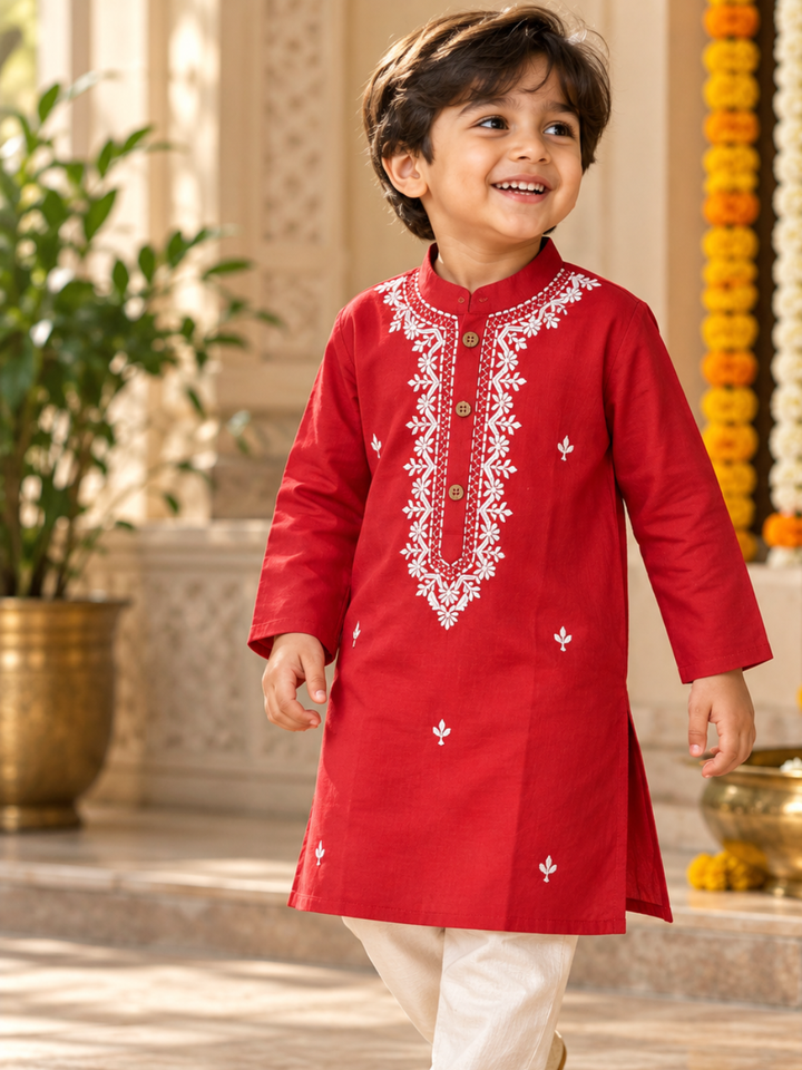 Red cotton malmal embroidered festive kurta – back view – Tura Turi