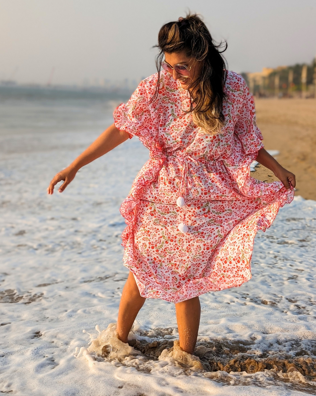 Bougainvillea print women’s cotton beach kaftan – tropical summer fashion