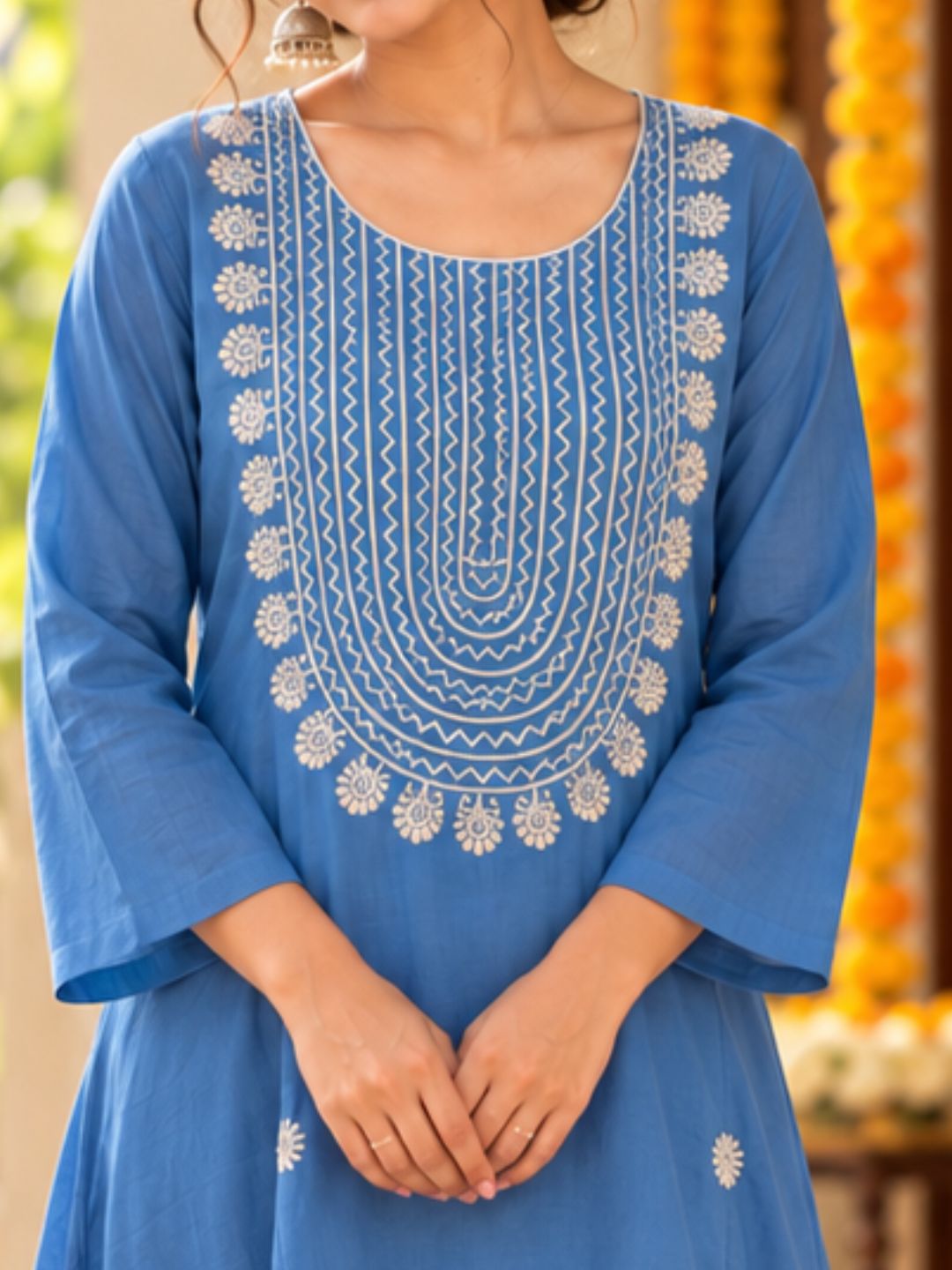 French blue rumaal-cut embroidered kurta and pants for women, Tashan