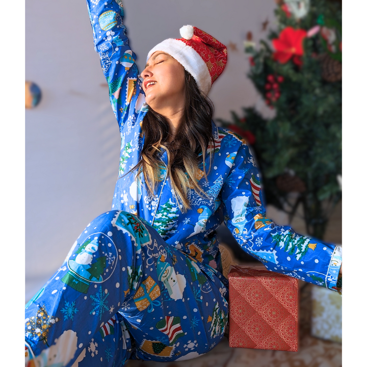Cotton Night Suit, Women | Jingle Bells - Blue