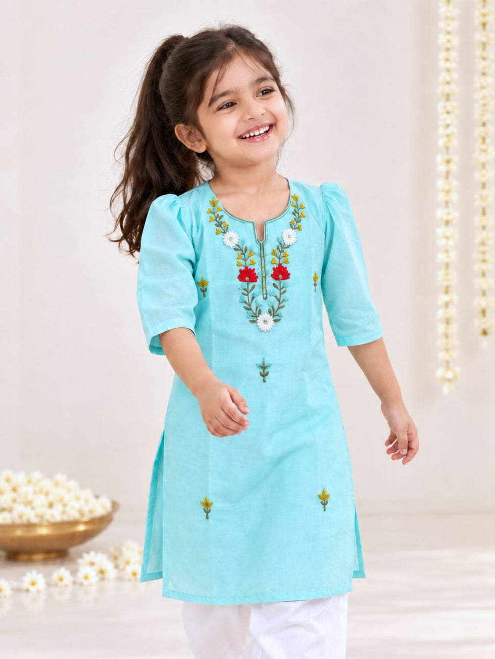 soft cotton malmal mulmul girls kurta for festive, dance class, puja