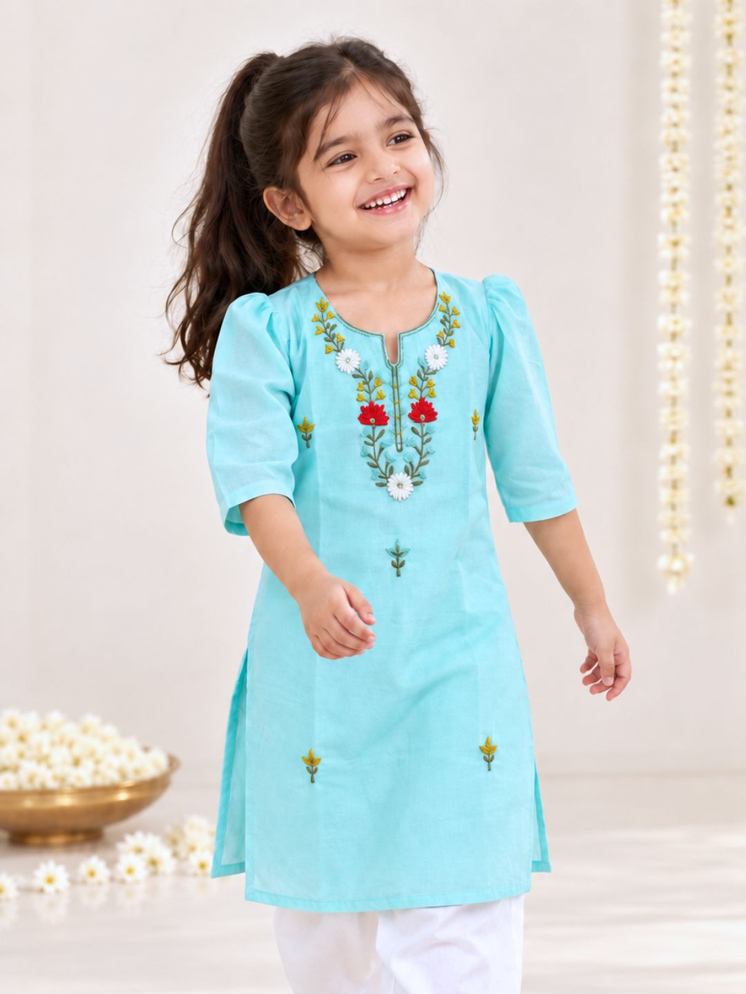 soft cotton malmal mulmul girls kurta for festive, dance class, puja
