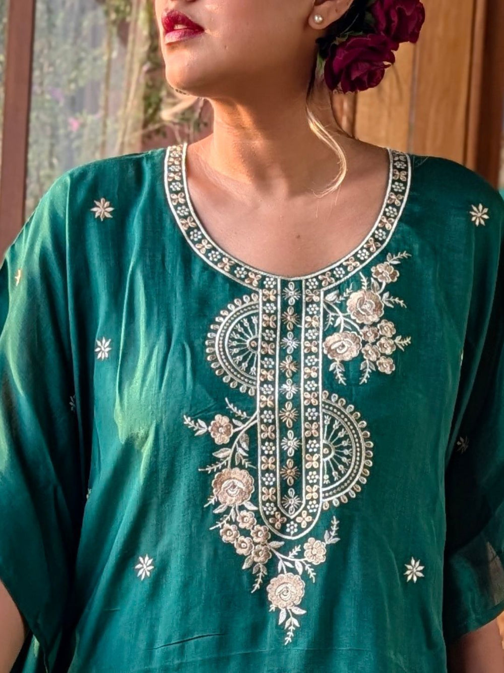 elegant neck embroidery for women in emerald green kurti set