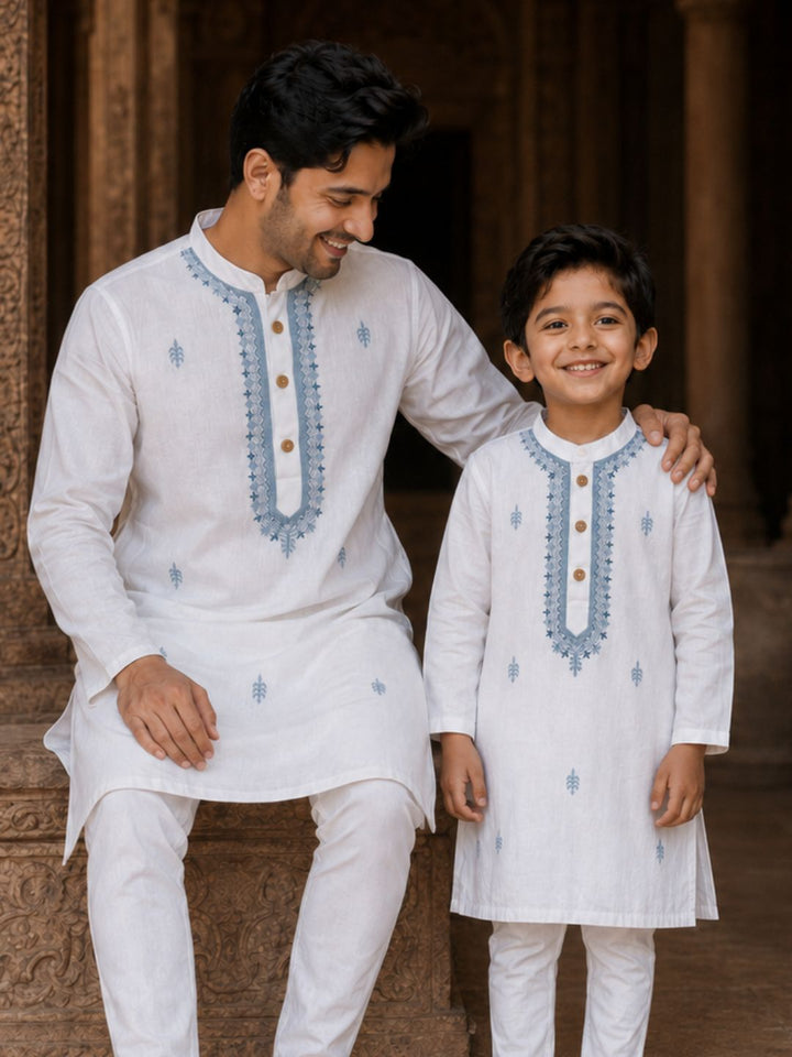 White &amp; Blue Embroidered Malmal Kurta | Newborn to Adult - a soft malmal cotton kurta for newborns, additional view 2 | Tura Turi