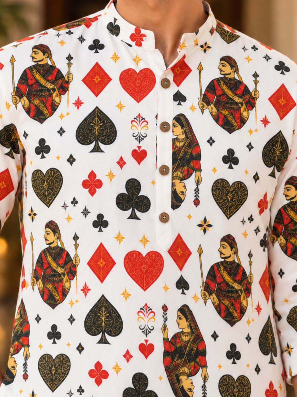 Men's Poker Face printed kurta in Egyptian cotton satin for Diwali card parties
