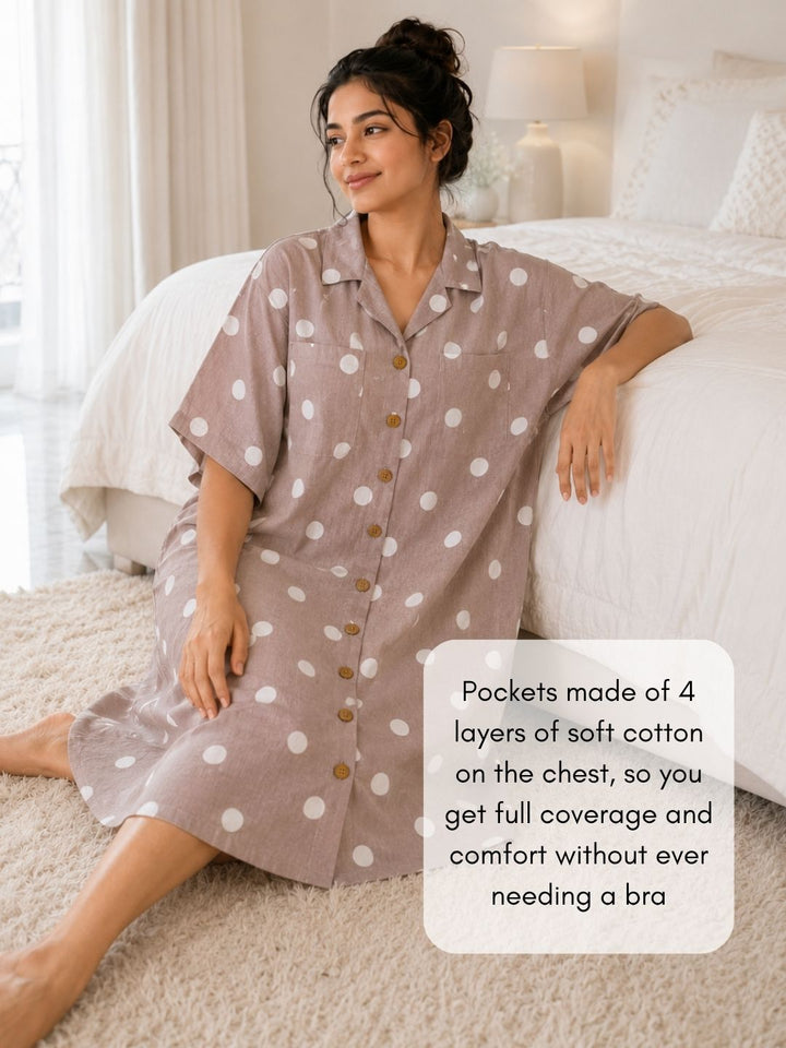 Women relaxing in mocha polka dot no bra nightwear with roomy kaftan fit and chest pockets that make the outfit comfortable to wear without a bra