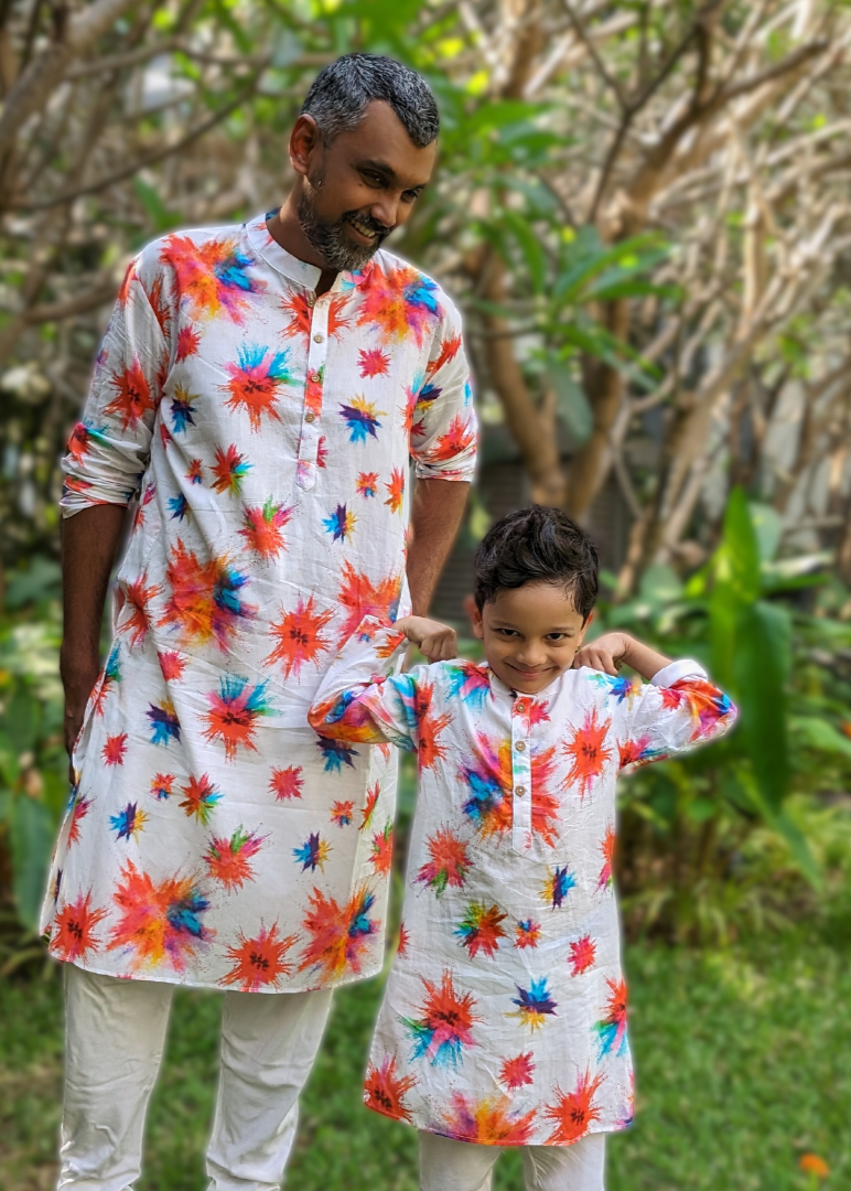 white boys cotton kurta in Holi theme