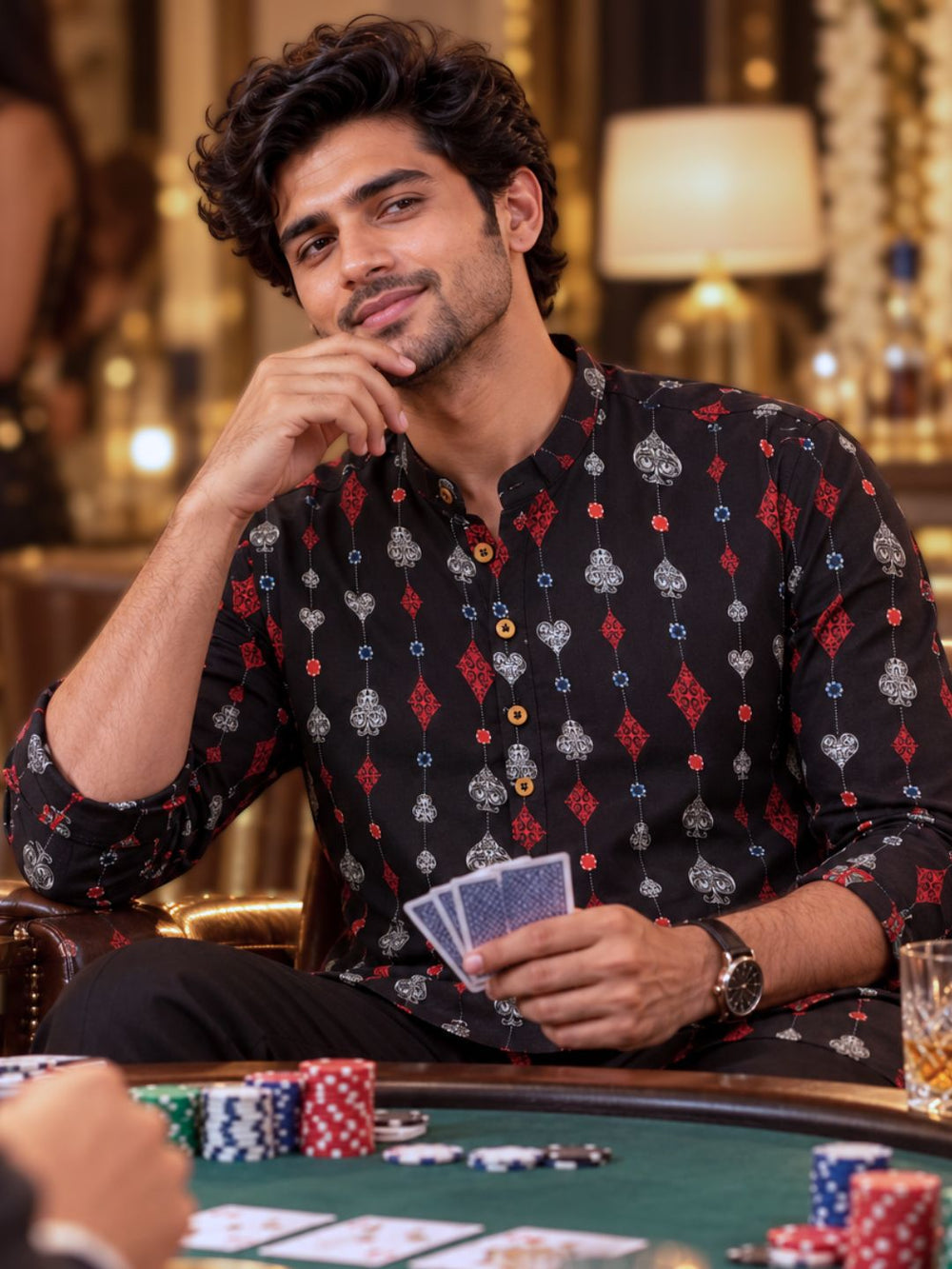 Men's mandarin-collar Cupro silk kurta-shirt in a Teen Patti card print – Tura Turi, detail view