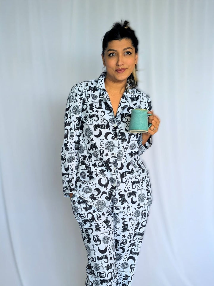 Dinosaur Dancing women’s cotton night suit – soft printed sleepwear by Tura Turi