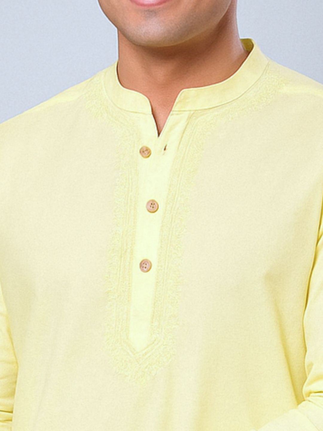 Embroidered Cotton Men's Kurta | Pastel Yellow