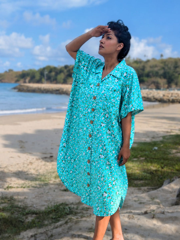 Soft cotton no-bra loungewear shirt dress for Indian women, perfect for summer nights and resort wear