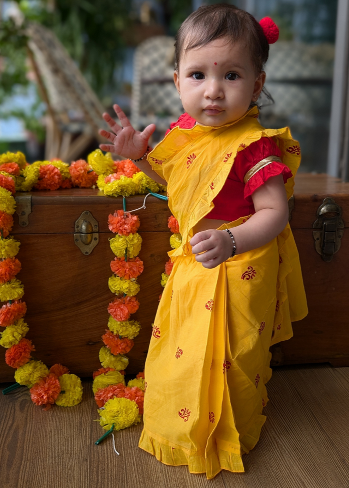 Prestitched Malmal Saree for Girls | Sunshine Yellow
