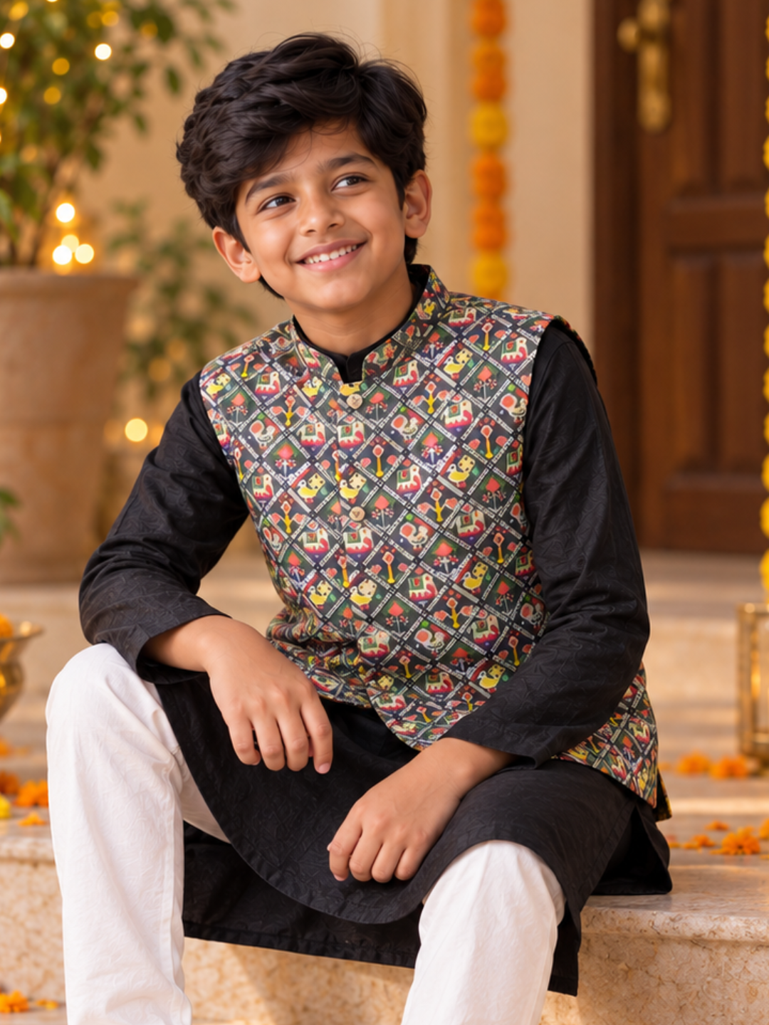 Grey Patola print 3-piece kurta set for boys – Gujarat heritage festive wear