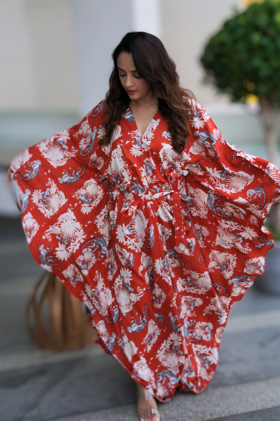 Funky Monkey Red long kaftan dress – bold summer cotton fashion