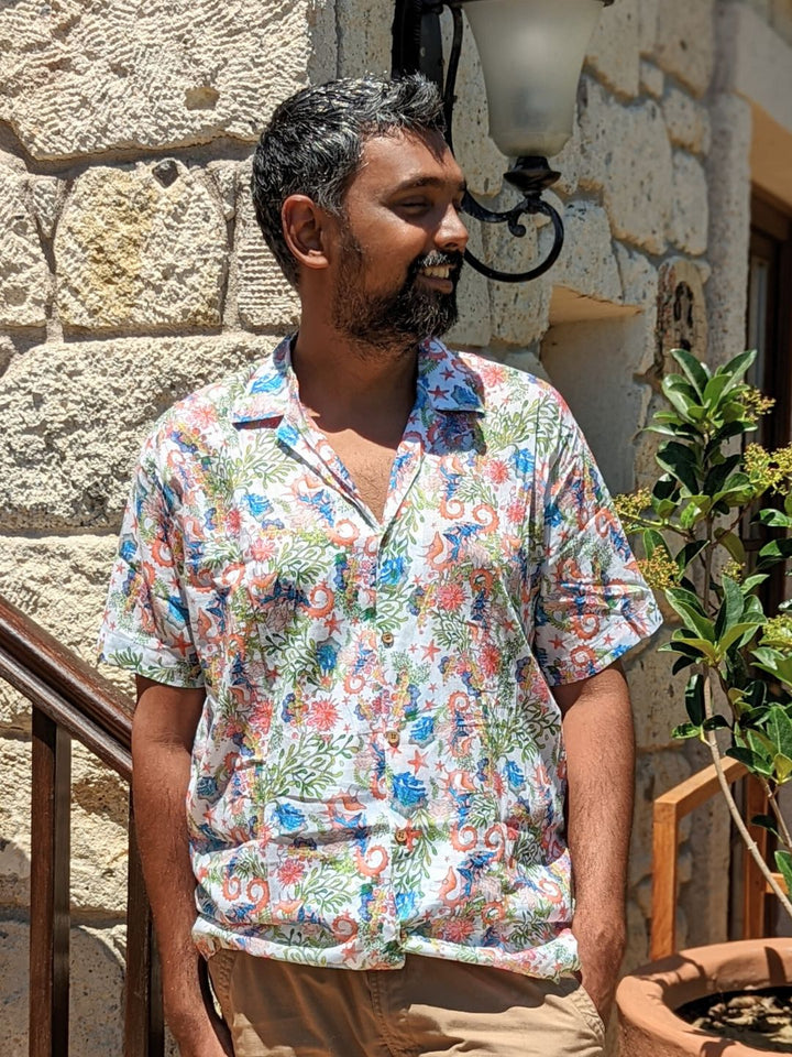Sea Horse print men’s cotton shirt – breathable nautical shirt