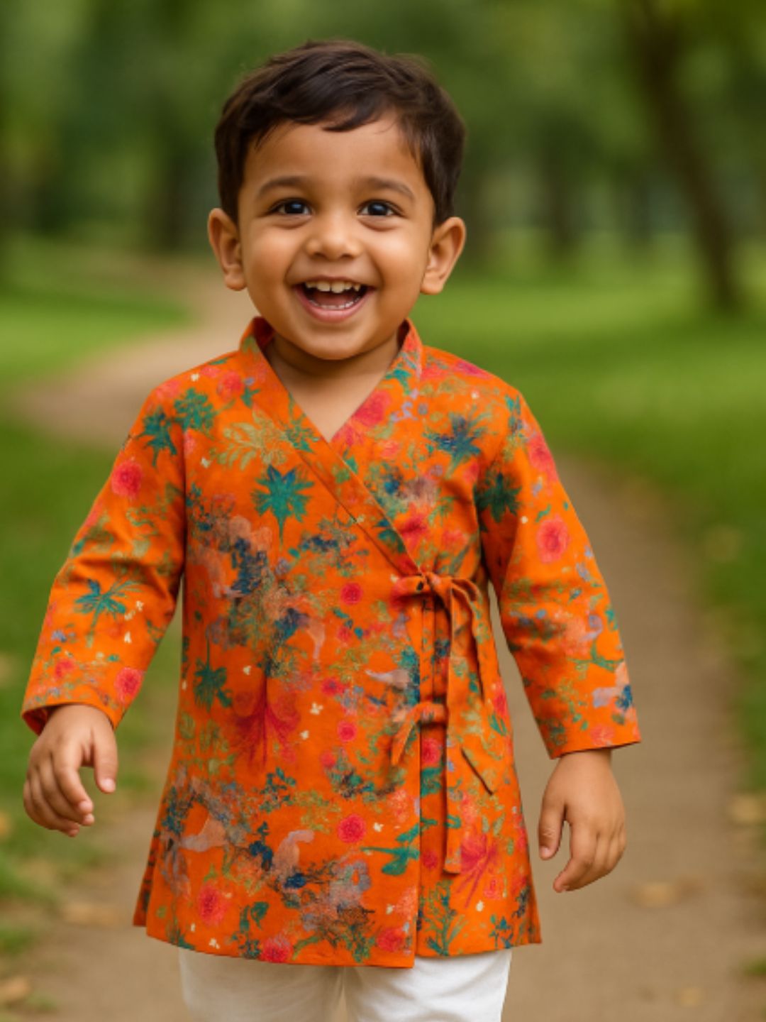 Child wearing an orange floral kurta standing outdoors on a path with greenery.